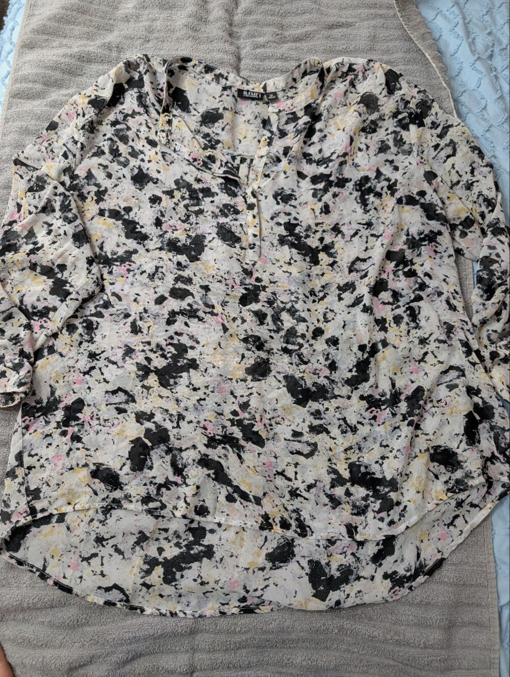 a.n.a Cream Abstract Floral Henley Blouse with Black, Pink & Yellow Accents